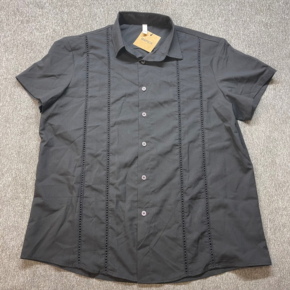 Mapick Mens 2XL Black Short Sleeve Guayabera Cuban‎ Embroidered Panel Shirt NWT